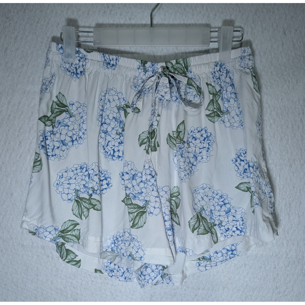 Piyama Women Small White Blue Hydrangea Floral Pajama Shorts Drawstring Lounge